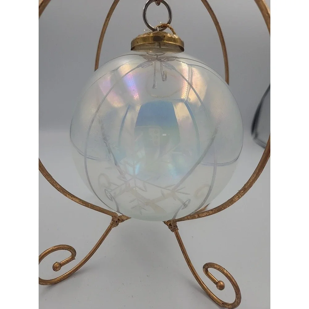 Vintage Iridescent round Kugel Style Etched star Glass large‎ Christmas Ornament